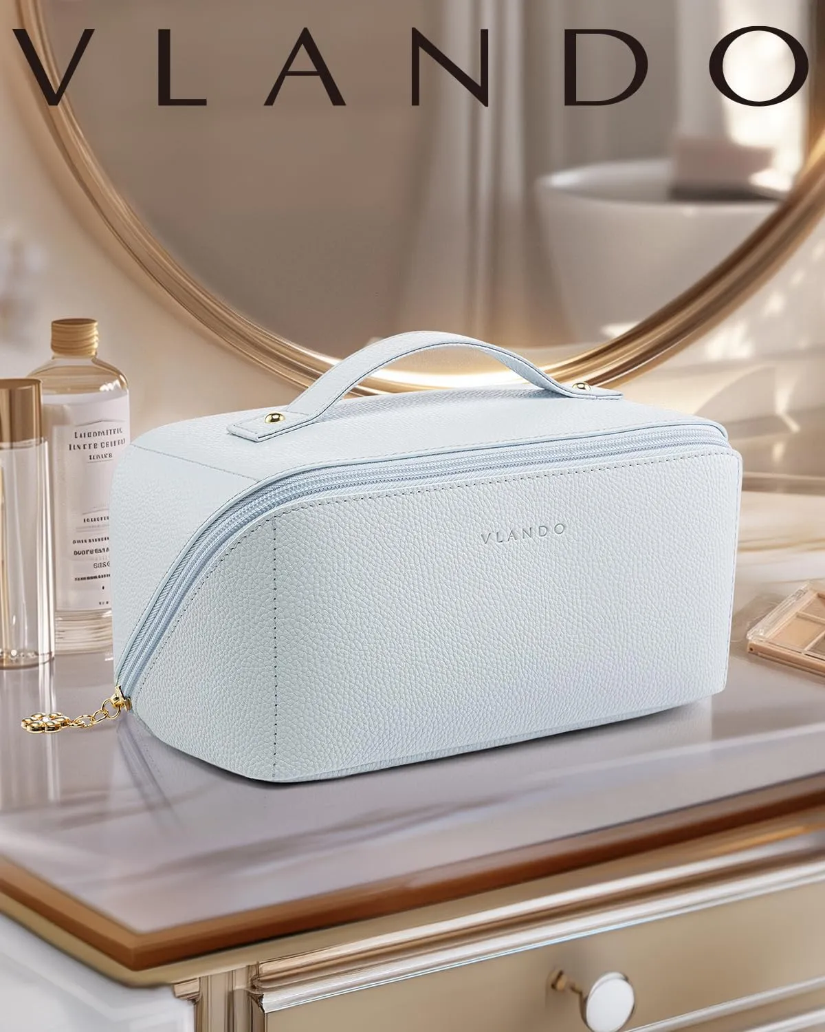 Vlando Makeup Bag,Travel Makeup Bag Waterproof Portable Cosmetic Bag PU Leather Open Flat Make up Organizer for Toiletries,Gifts for Teen Girls Women(Baby Blue)