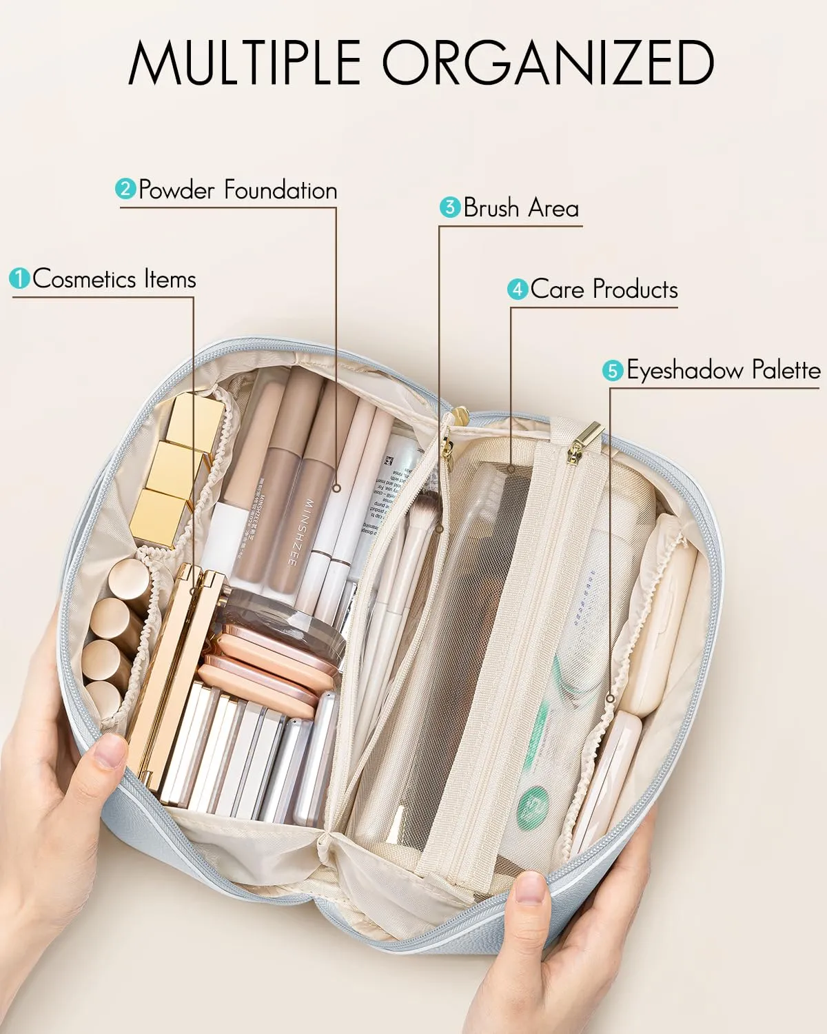 Vlando Makeup Bag,Travel Makeup Bag Waterproof Portable Cosmetic Bag PU Leather Open Flat Make up Organizer for Toiletries,Gifts for Teen Girls Women(Baby Blue)