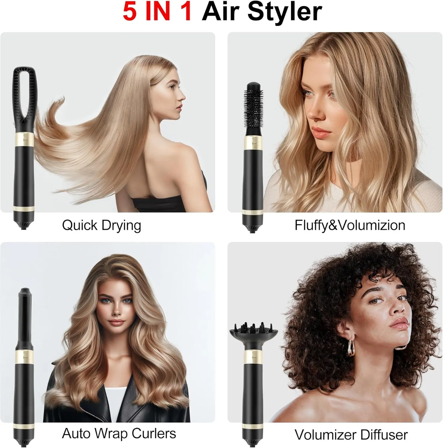 VOCOSTE 5 in 1 Air Styler, Hot Air Brush Hair Dryer & Curling Iron with Attachments, Professional Multi-Styler for Straightening, Volumizing, Black