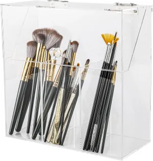 VOCOSTE Acrylic Makeup Brush Holder, Makeup Brush Organizer with Lid, Flip Storage Box, Large Capacity Makeup Brush Holder, 3-Slots for Bathroom Vanity, Clear