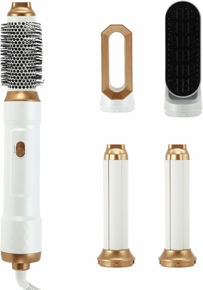 VOCOSTE Hot Air Brush, 5 in 1 Hair Dryer Brush, Detachable Hair Dryer Styler Volumizer Hair Straightener Comb Blow Dryer Electric Curling Wand Set, White Gold Tone