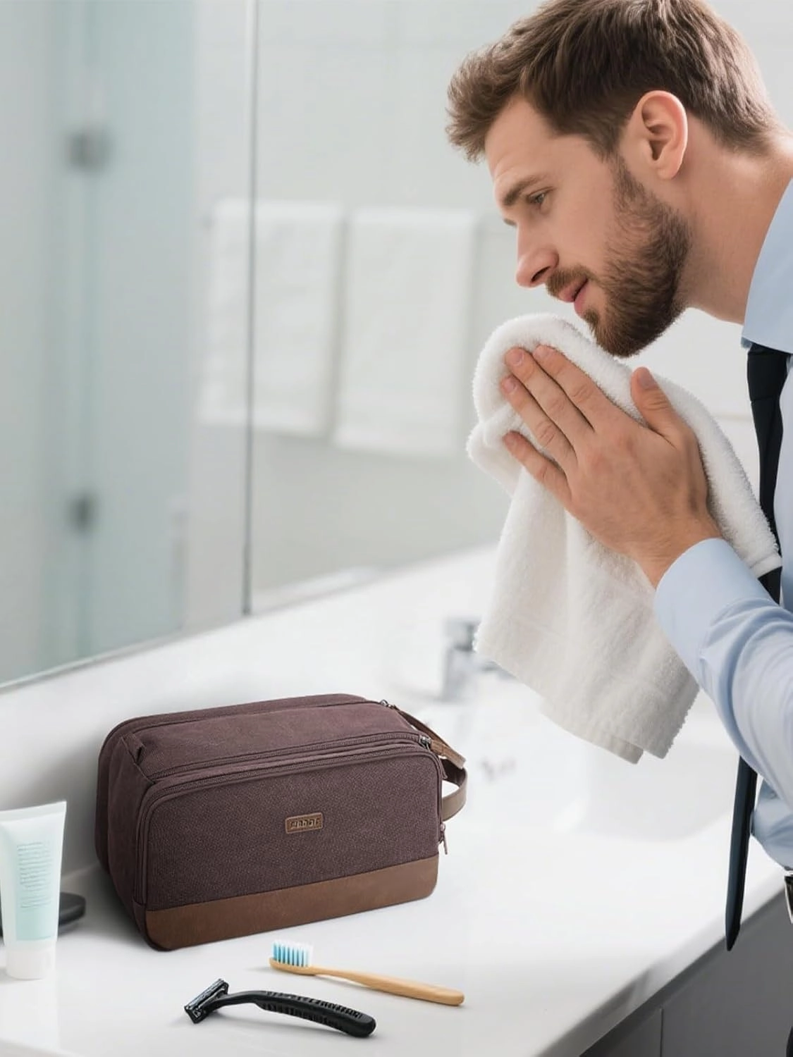 WANDF Toiletry Bag for Men Travel Toiletry Organizer Canvas and Leather Dopp Kit Water-Resistant Shaving Bag for Travel Accessories (Brown, Patent Pending)