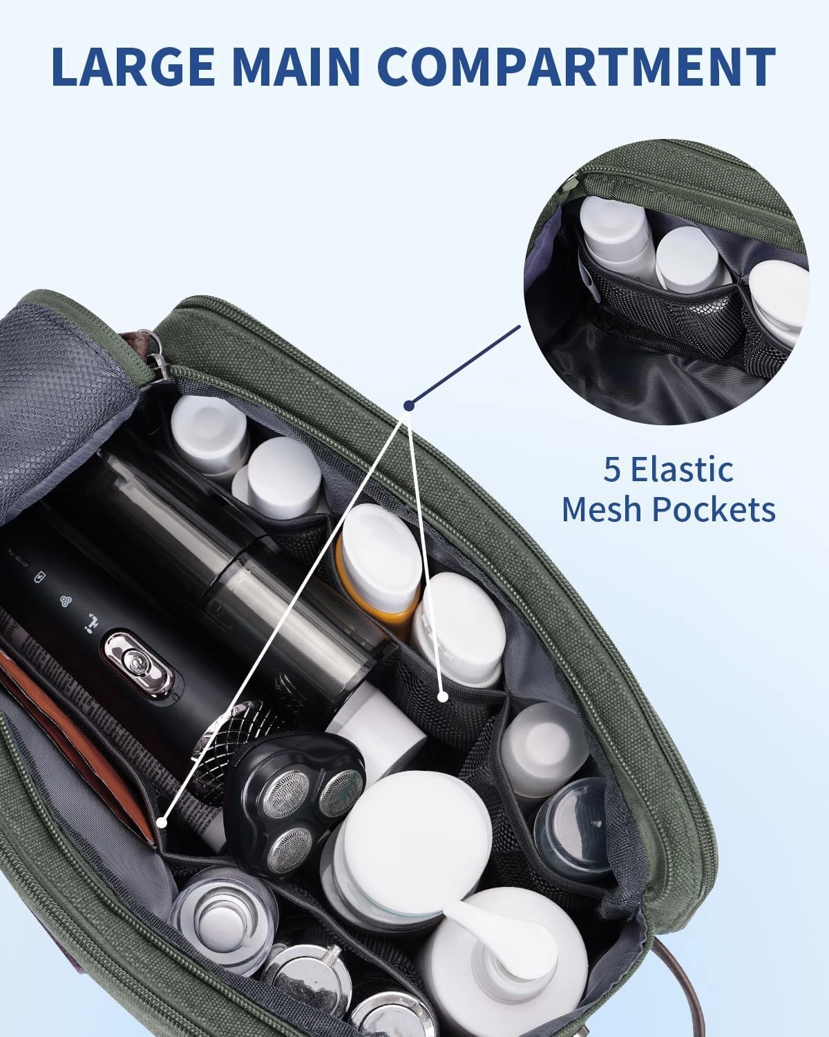 WANDF Toiletry Bag for Men Travel Toiletry Organizer Canvas and Leather Dopp Kit Water-Resistant Shaving Bag for Travel Accessories (Green, Patent Pending)