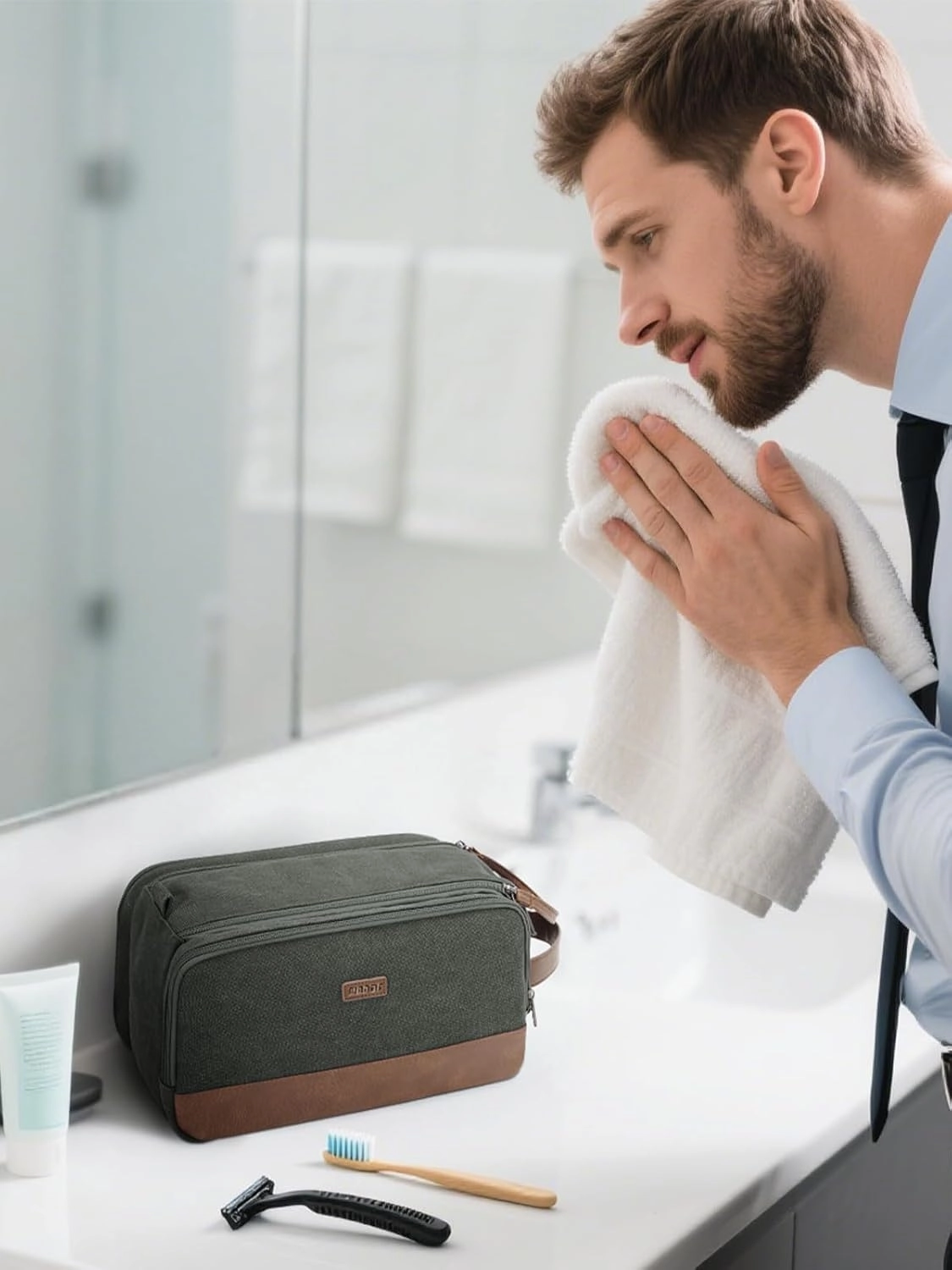 WANDF Toiletry Bag for Men Travel Toiletry Organizer Canvas and Leather Dopp Kit Water-Resistant Shaving Bag for Travel Accessories (Green, Patent Pending)