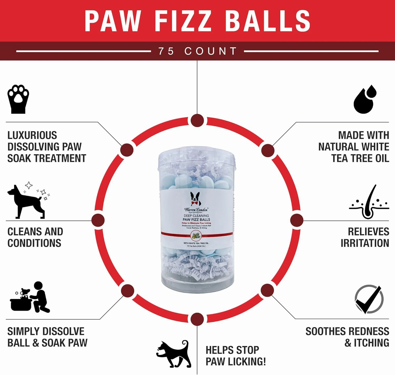Warren London Deep Cleaning Paw Soak | Soothing Itchy Paw Relief for Dogs with Seaweed, Tea Tree Oil, & Aloe Vera | Anti Licking for Dogs Paws | 5 Minute Paw Spa Service at Home | 75 Balls
