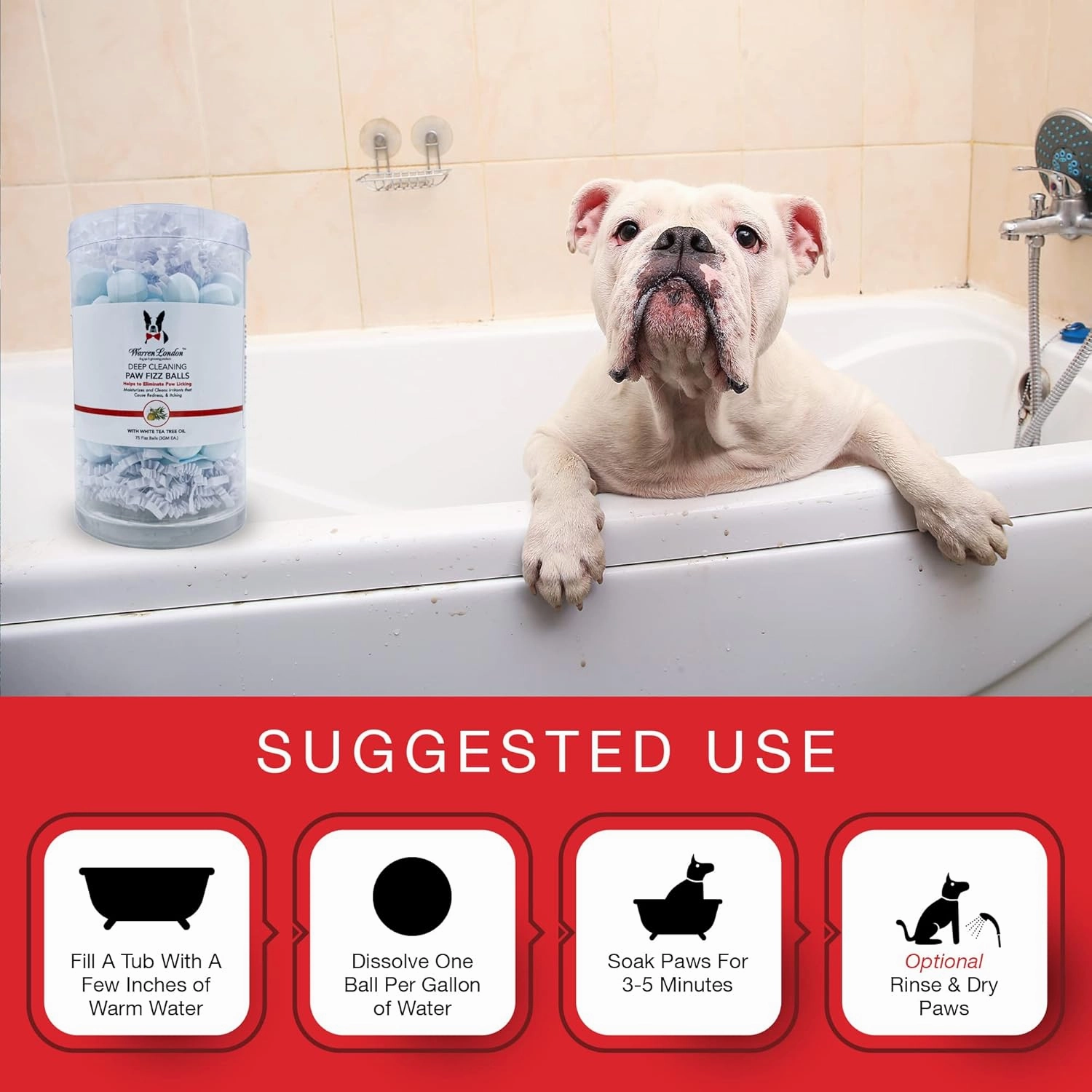 Warren London Deep Cleaning Paw Soak | Soothing Itchy Paw Relief for Dogs with Seaweed, Tea Tree Oil, & Aloe Vera | Anti Licking for Dogs Paws | 5 Minute Paw Spa Service at Home | 75 Balls