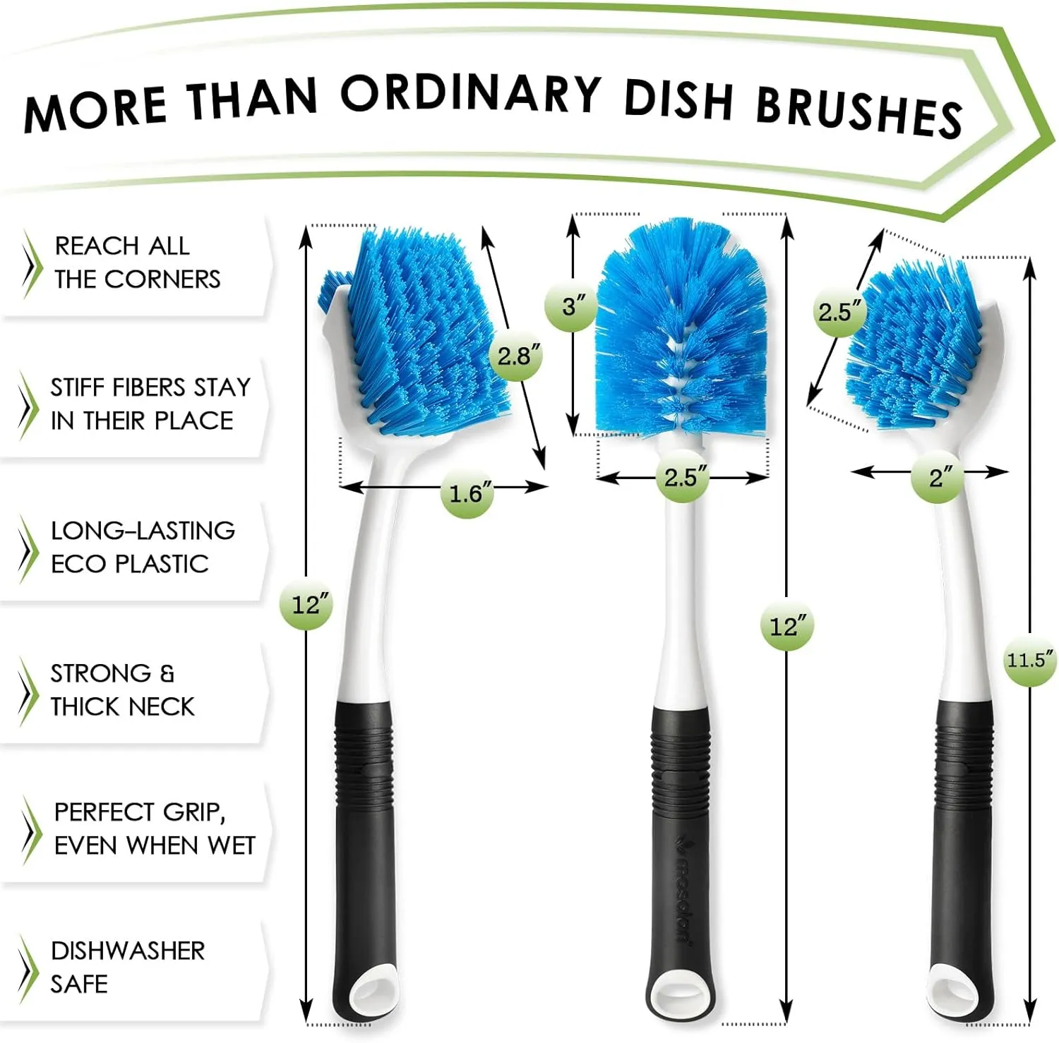 Water Bottle and Dish Scrub Brush Kit, 3-Piece Set, Cleaning Brushes for Kitchen Use, Non Slip Long Handle for Basins, Sinks, Dishwashers, Pots, Cups, Round Head