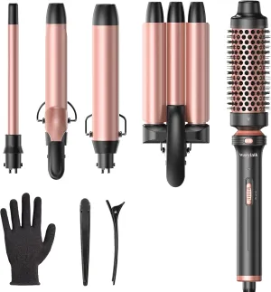 Wavytalk 5 in 1 Curling Wand Set, Dual Voltage Curling Iron Set with 5 Interchangeable Barrels Included A Thermal Brush, A Hair Crimper and 3 Ceramic Curling Wands(0.5"-1.25"), Rose Pink