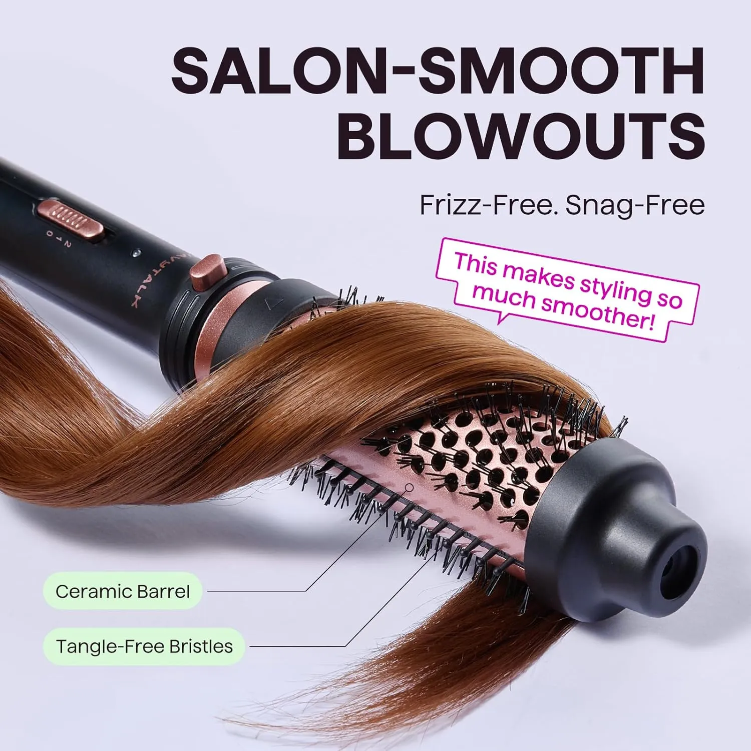 Wavytalk Thermal Brush, 1 1/2 inch Heated Round Brush with Detachable Head, Velvet Pouch and Dual Voltage for Travel, Easy to Create Blowout Look, Rose Gold