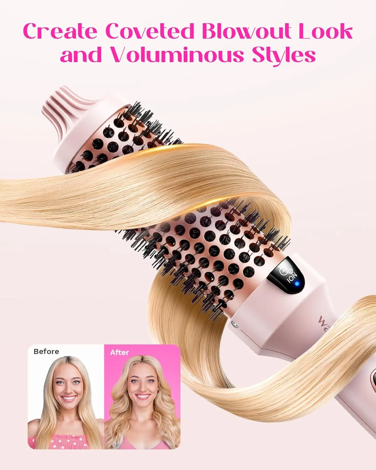 Wavytalk Thermal Brush, Blowout Boost 1.5 inch Heated Round Brush for Blowout Look, Dual Voltage, Pink, Sakura, Tourmaline Ceramic, Negative Ion Technology, 5 Temperature Settings, Less Damage