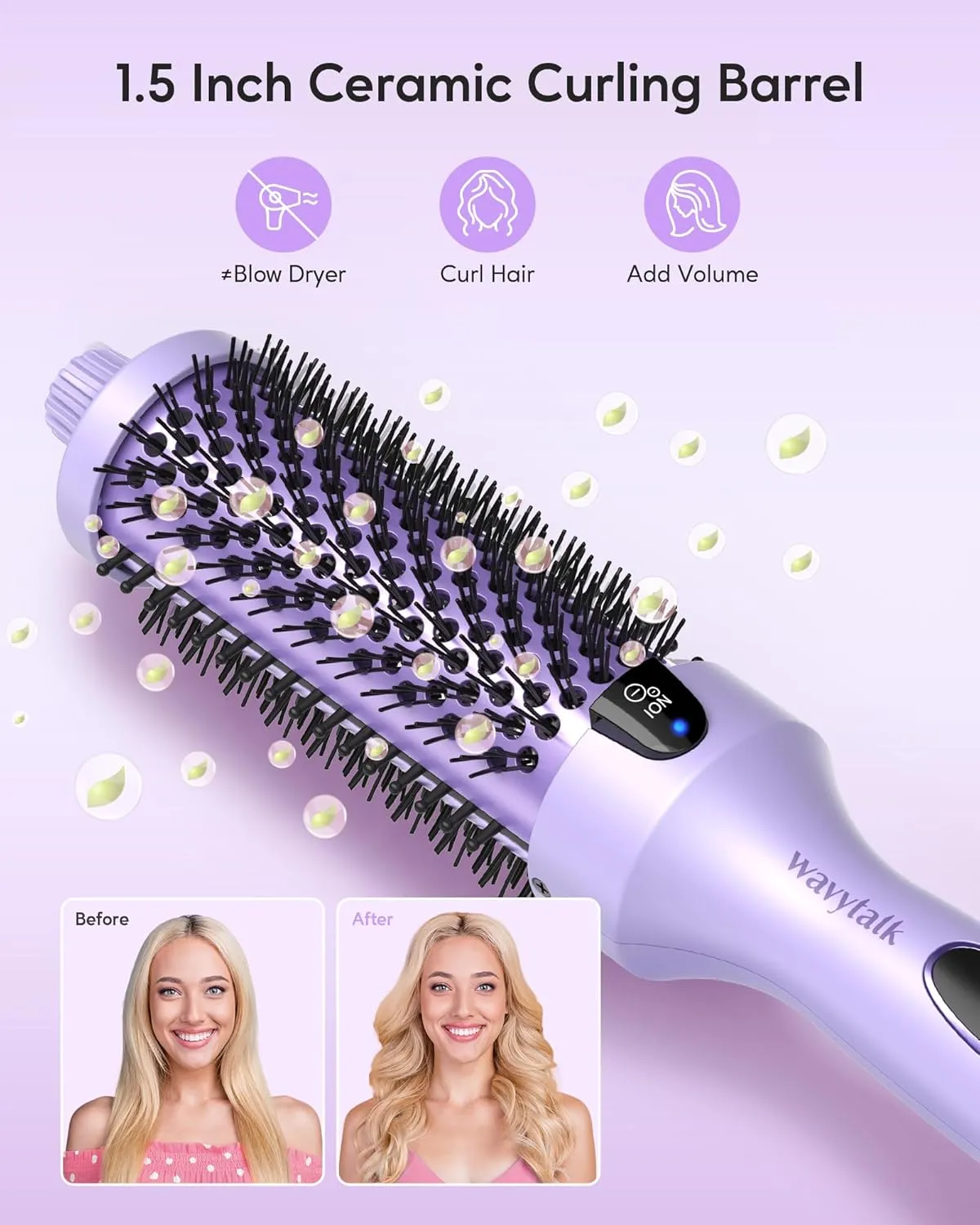 Wavytalk Thermal Brush, Blowout Boost 1.5 inch Heated Round Brush for Blowout Look, Negative Ion Technology, Ceramic Tourmaline, 5 Temperature Settings, Dual Voltage, Purple, Less Damage