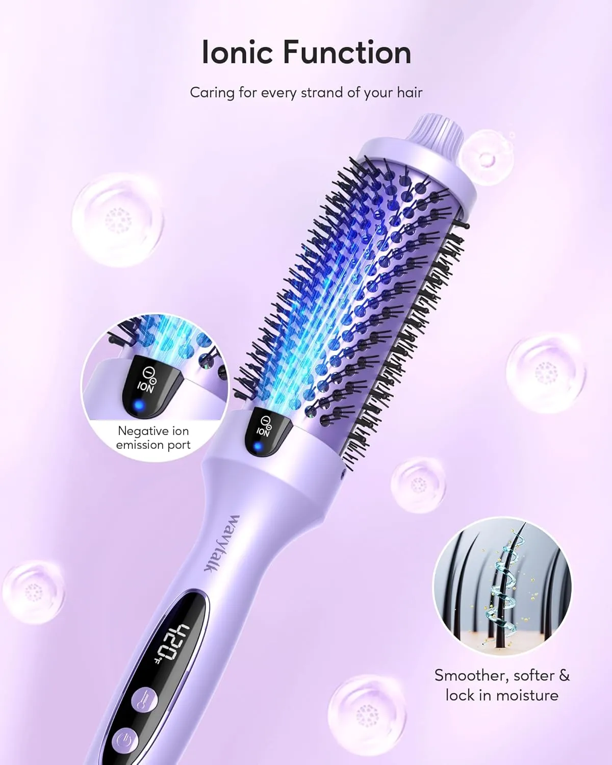 Wavytalk Thermal Brush, Blowout Boost 1.5 inch Heated Round Brush for Blowout Look, Negative Ion Technology, Ceramic Tourmaline, 5 Temperature Settings, Dual Voltage, Purple, Less Damage