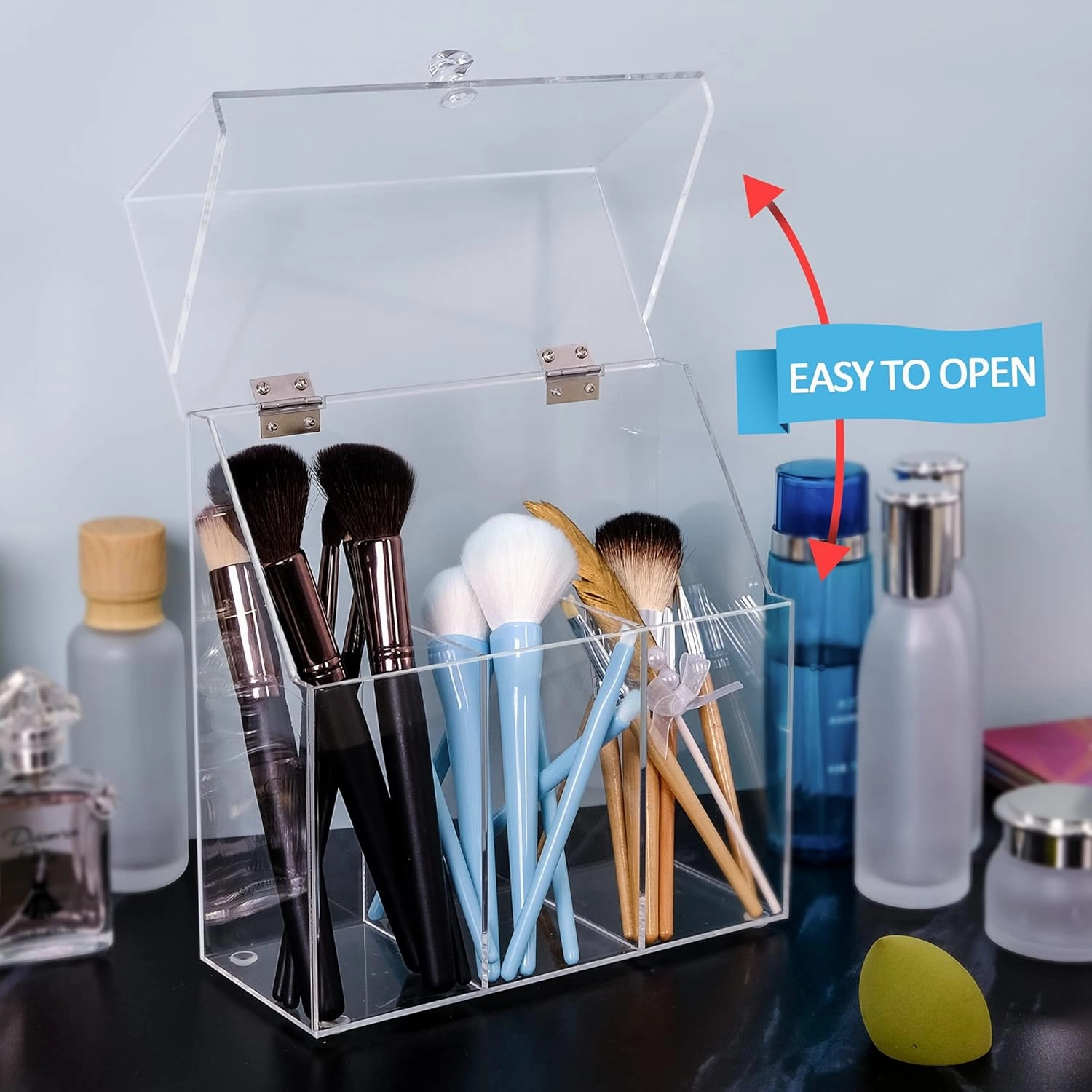 weddingwish Makeup Brush Holders With Cover, Dust-Proof Lid, Acrylic Makeup Storage Box, Large Capacity Brush Organizer for Dressing Table…