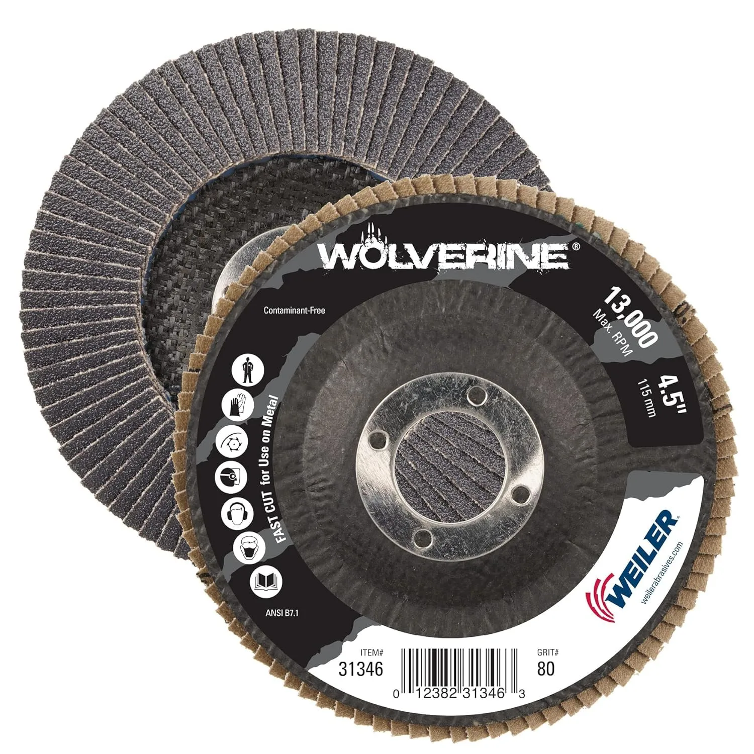 Weiler 31346 Wolverine 4-1/2" x 7/8" Arbor Hole Abrasive Flap Disc, 80 Grit Zirconia Alumina, Bevel Type 29, Phenolic Backing, Standard Density (Pack of 10)