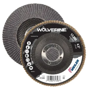 Weiler 31346 Wolverine 4-1/2" x 7/8" Arbor Hole Abrasive Flap Disc, 80 Grit Zirconia Alumina, Bevel Type 29, Phenolic Backing, Standard Density (Pack of 10)