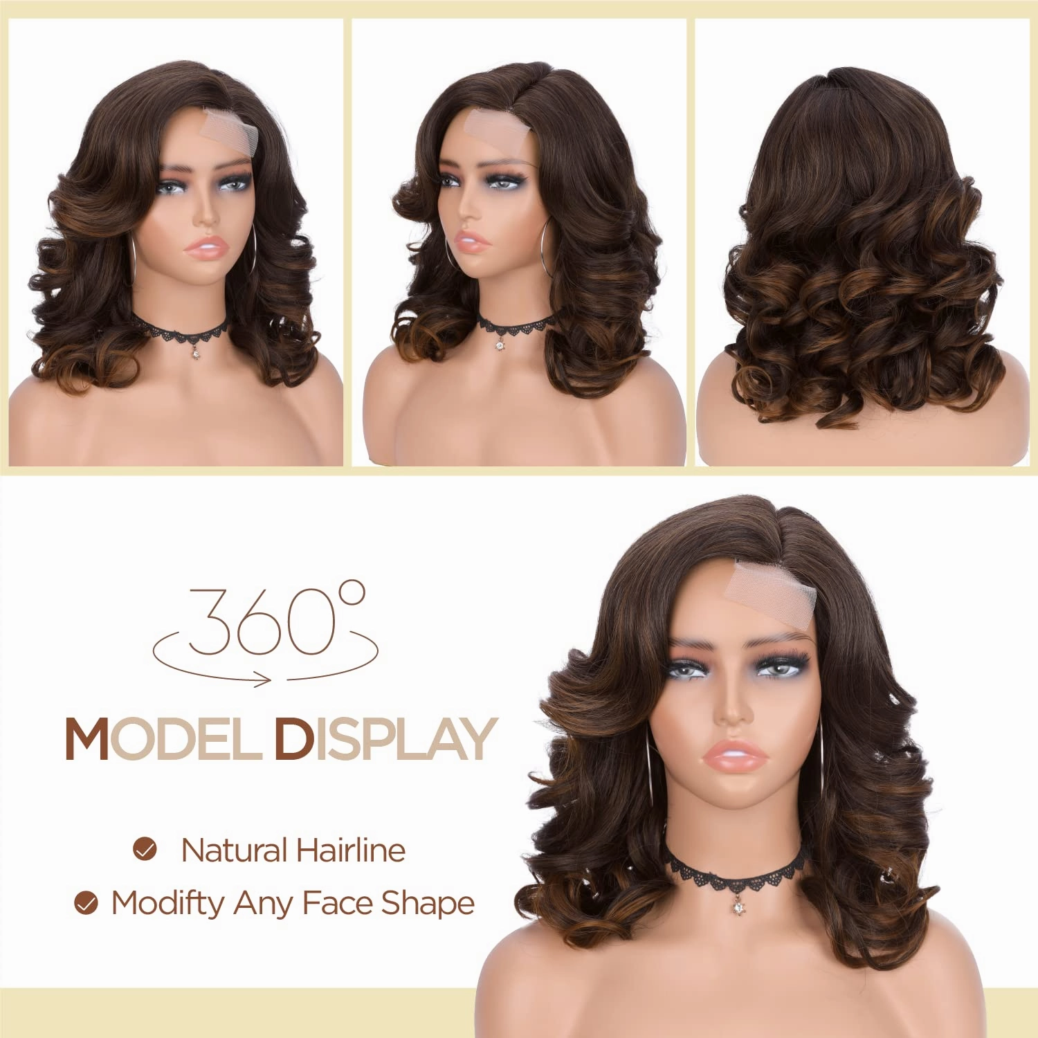 WIGER Short Wavy Wigs for Women Mixed Brown Loose Wave Bob Hair Wig 14 Inch Side Part Shoulder Length Glueless Lace Part Hair Synthetic Curly Wig for Daily or Party