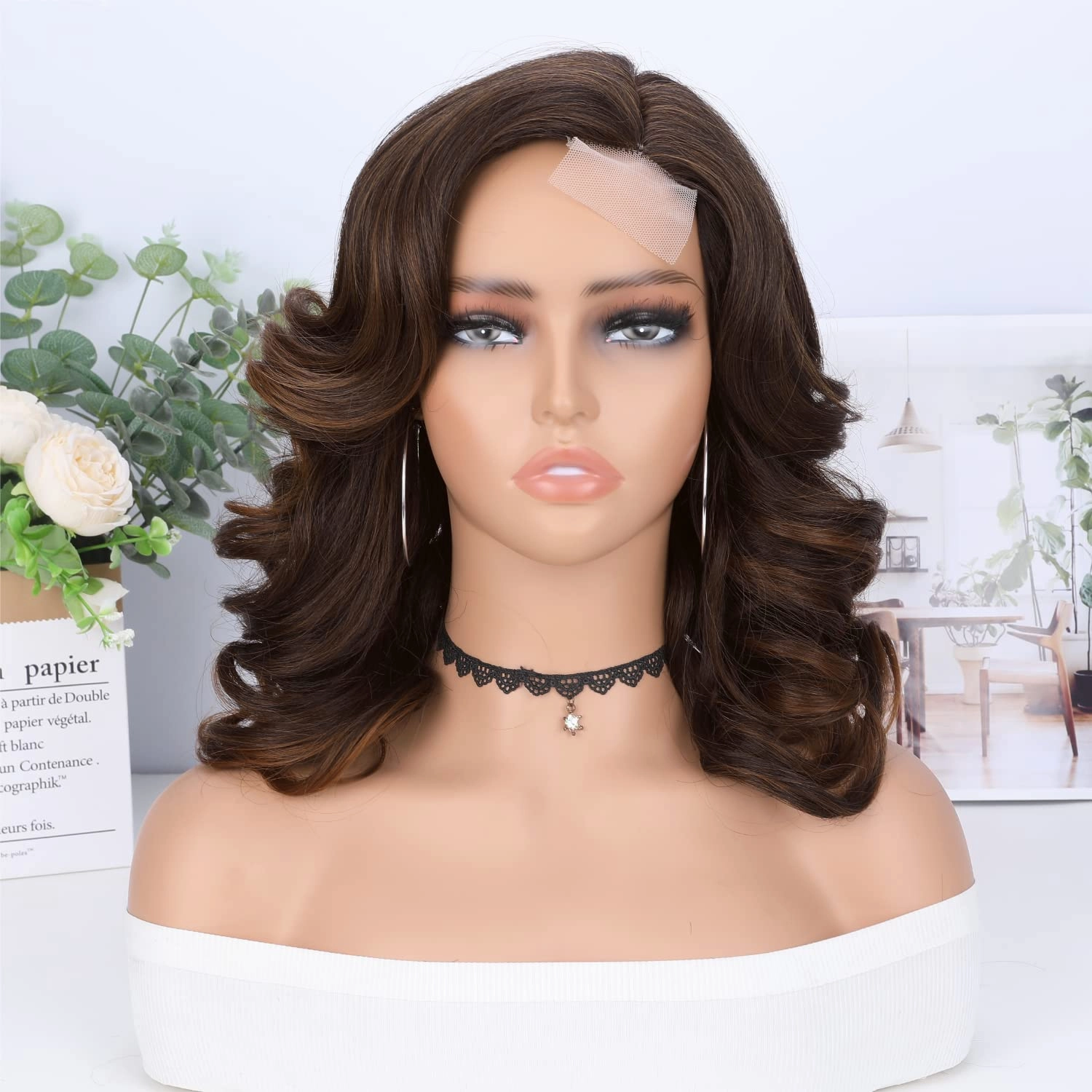 WIGER Short Wavy Wigs for Women Mixed Brown Loose Wave Bob Hair Wig 14 Inch Side Part Shoulder Length Glueless Lace Part Hair Synthetic Curly Wig for Daily or Party
