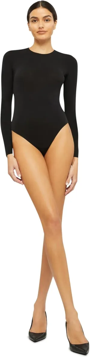 Wolford The Round Neck Body for Women Long Sleeve Form Fit Bodysuit with Brazilian Cut and Cotton Gusset Black Large