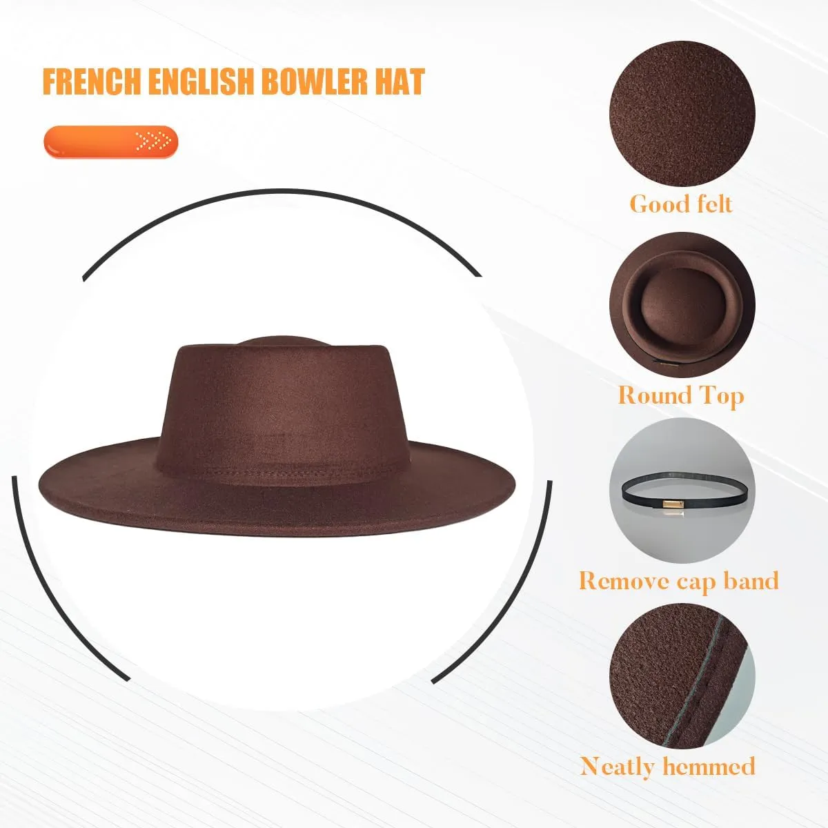 Women Men Wool Fedora Hat, Classic Vintage Wide Brim Flat Top Hat Warm Jazz Panama Hat with Belt