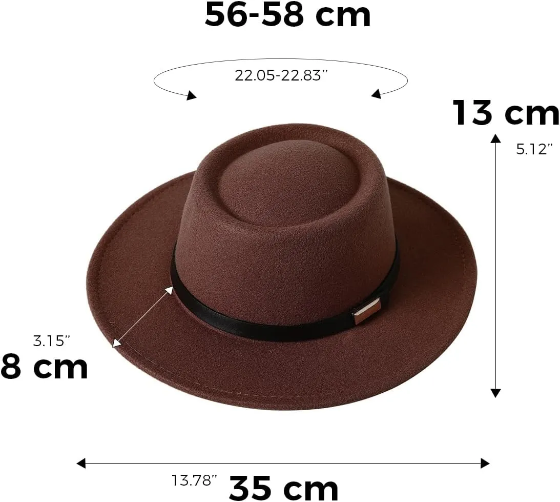 Women Men Wool Fedora Hat, Classic Vintage Wide Brim Flat Top Hat Warm Jazz Panama Hat with Belt