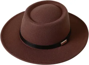 Women Men Wool Fedora Hat, Classic Vintage Wide Brim Flat Top Hat Warm Jazz Panama Hat with Belt