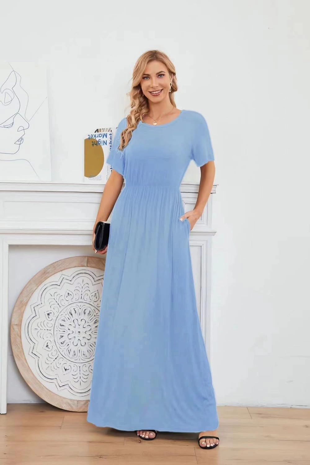 Women 2025 Summer Short Sleeve Long Casual Empire High Waist Maxi Dress with Pockets