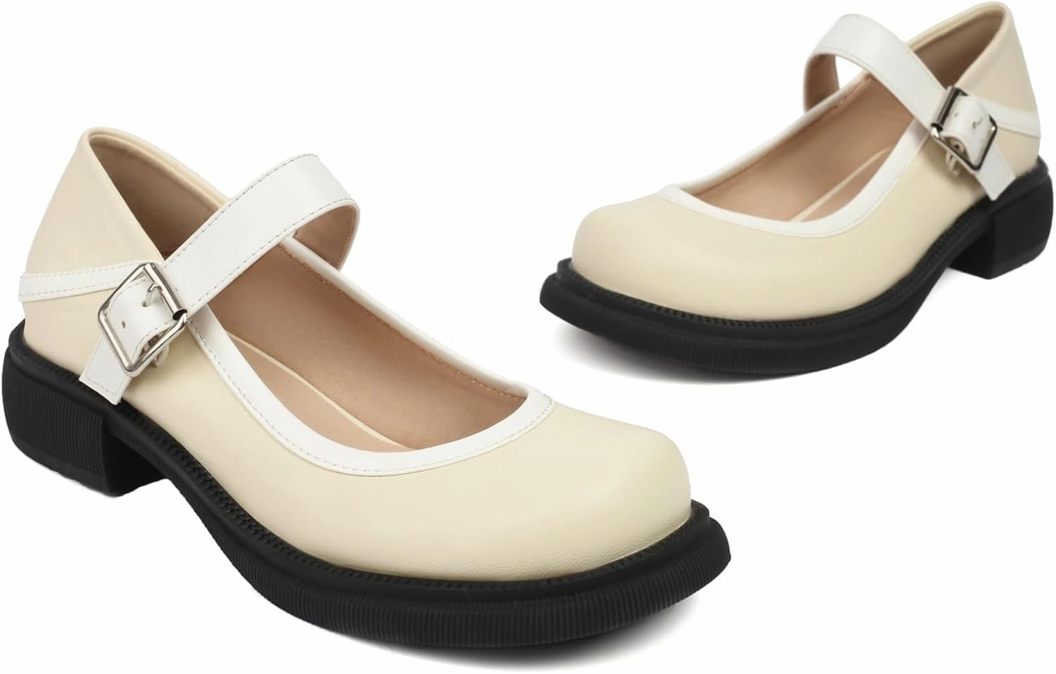Women's Round Toe Pumps Low Heel Color-Blocked Mary Jane Shoes with Buckle Closure