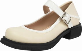 Women's Round Toe Pumps Low Heel Color-Blocked Mary Jane Shoes with Buckle Closure