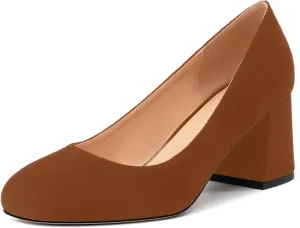 Women's Pumps, Round Closed Toe Chunky Heels, Slip On Fashion Comfort Solid Working Wedding Dressy Shoes for Women