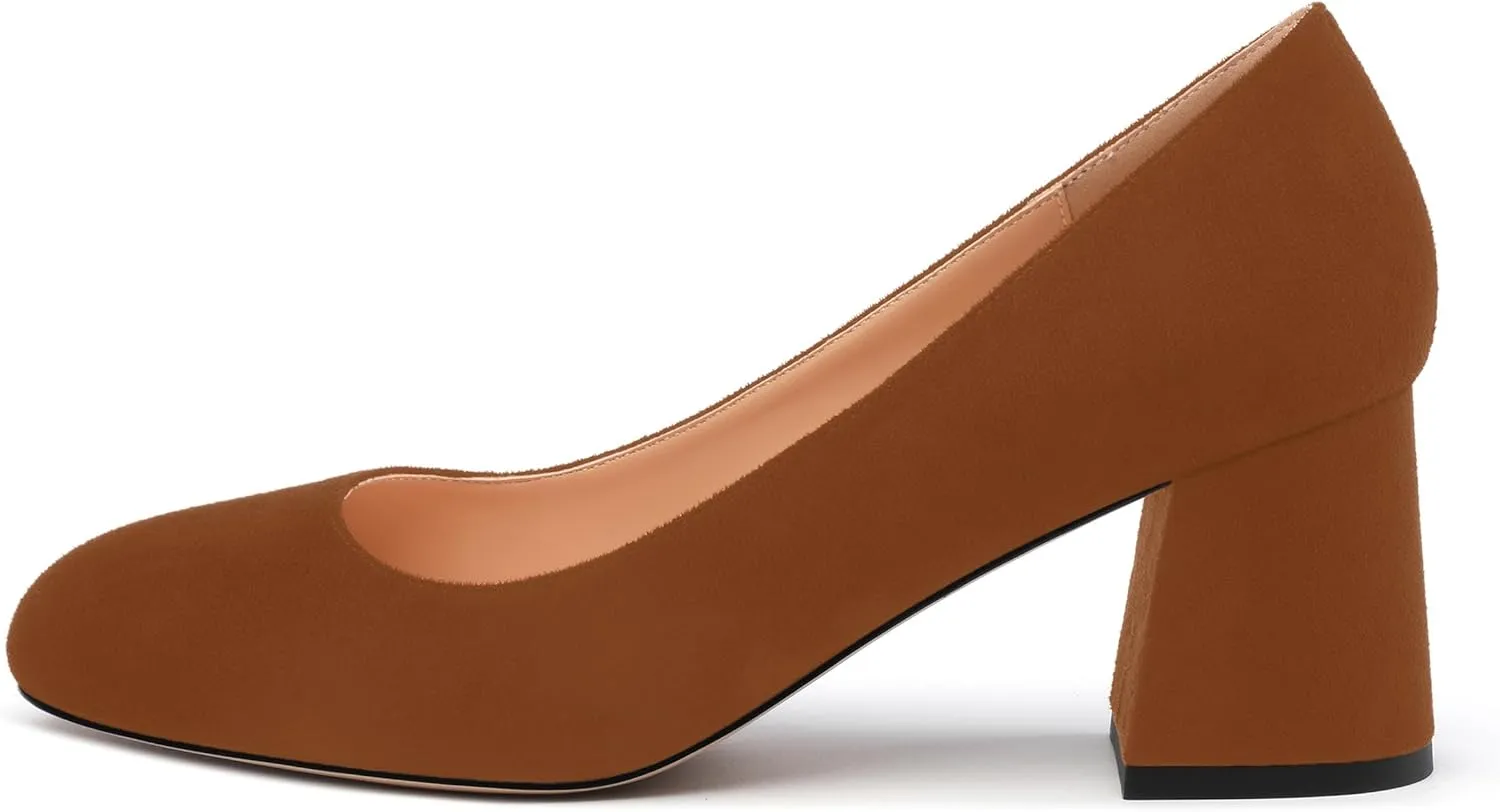 Women's Pumps, Round Closed Toe Chunky Heels, Slip On Fashion Comfort Solid Working Wedding Dressy Shoes for Women