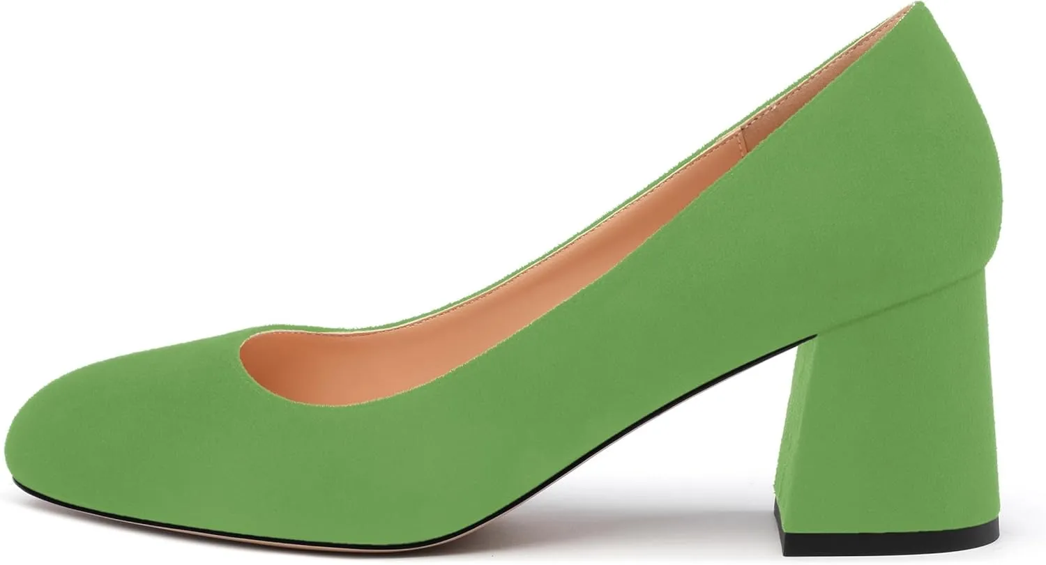 Women's Pumps, Round Closed Toe Chunky Heels, Slip On Fashion Comfort Solid Working Wedding Dressy Shoes for Women
