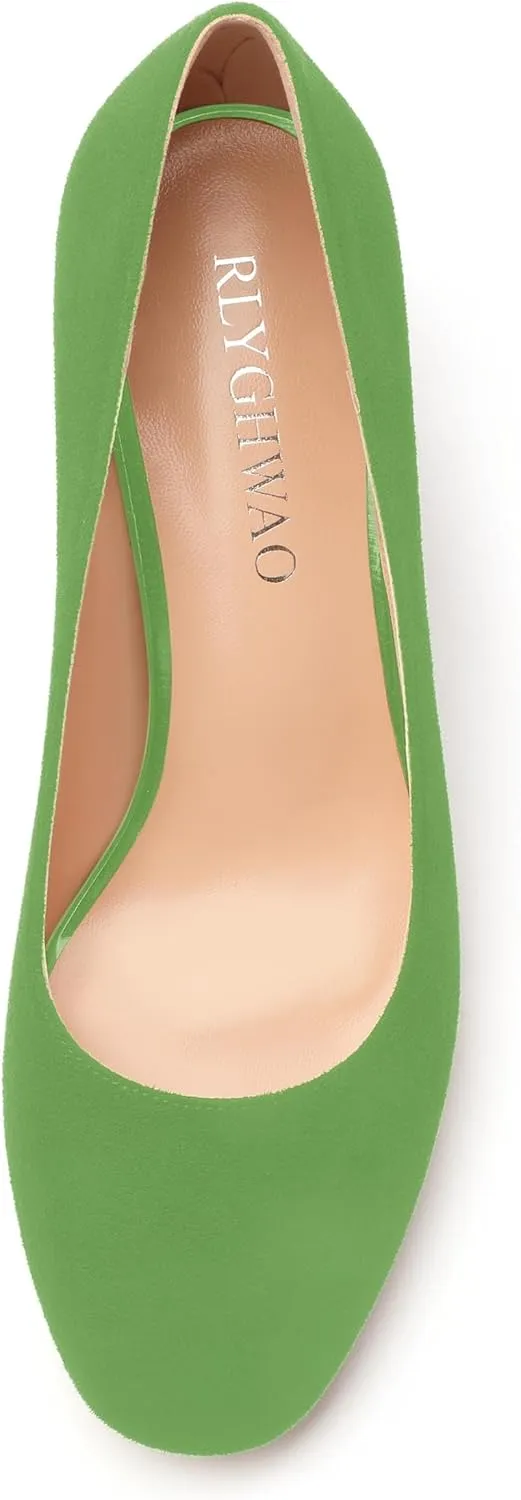 Women's Pumps, Round Closed Toe Chunky Heels, Slip On Fashion Comfort Solid Working Wedding Dressy Shoes for Women