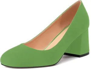 Women's Pumps, Round Closed Toe Chunky Heels, Slip On Fashion Comfort Solid Working Wedding Dressy Shoes for Women