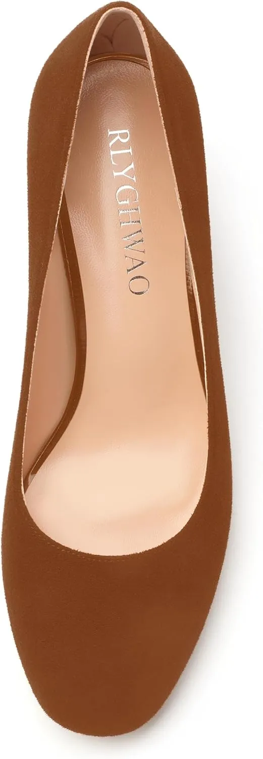 Women's Pumps, Round Closed Toe Chunky Heels, Slip On Fashion Comfort Solid Working Wedding Dressy Shoes for Women