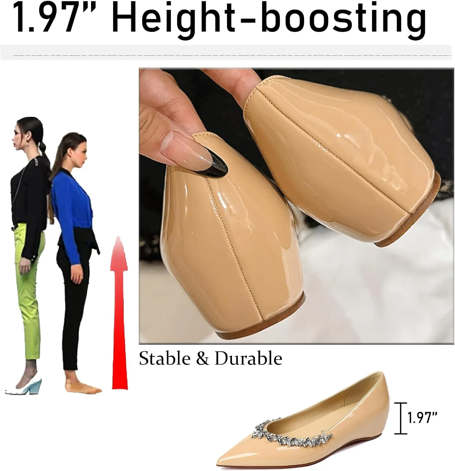 Women‘s Rhinestones Patent Leather Flats Sexy Pointed Toe Comfort Slip On Internal Height Increase Wedge Pumps for Party Evening Prom Wedding Dress Shoes