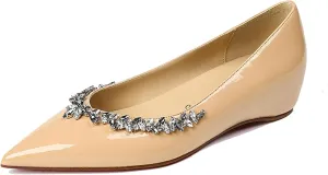 Women‘s Rhinestones Patent Leather Flats Sexy Pointed Toe Comfort Slip On Internal Height Increase Wedge Pumps for Party Evening Prom Wedding Dress Shoes