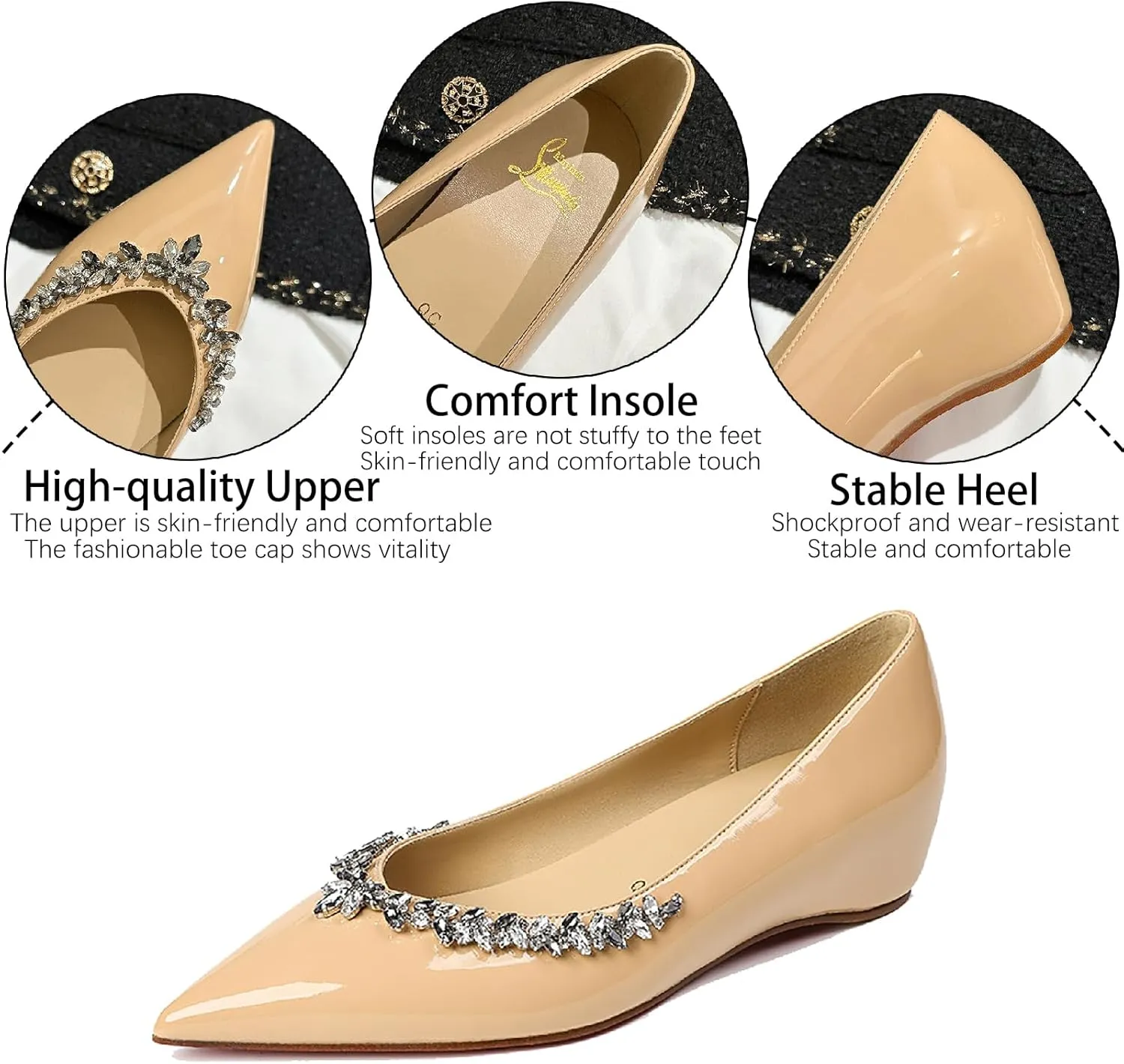 Women‘s Rhinestones Patent Leather Flats Sexy Pointed Toe Comfort Slip On Internal Height Increase Wedge Pumps for Party Evening Prom Wedding Dress Shoes