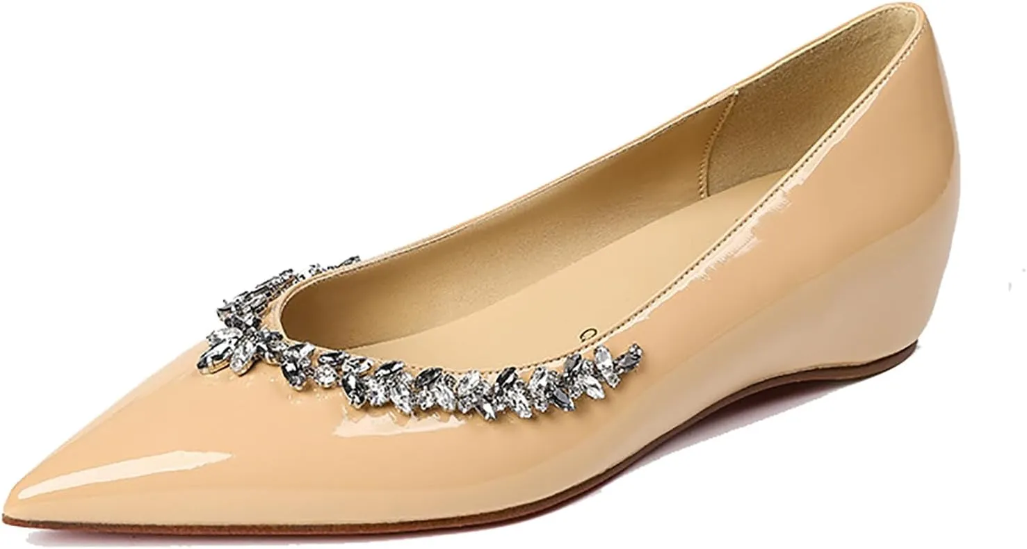 Women‘s Rhinestones Patent Leather Flats Sexy Pointed Toe Comfort Slip On Internal Height Increase Wedge Pumps for Party Evening Prom Wedding Dress Shoes