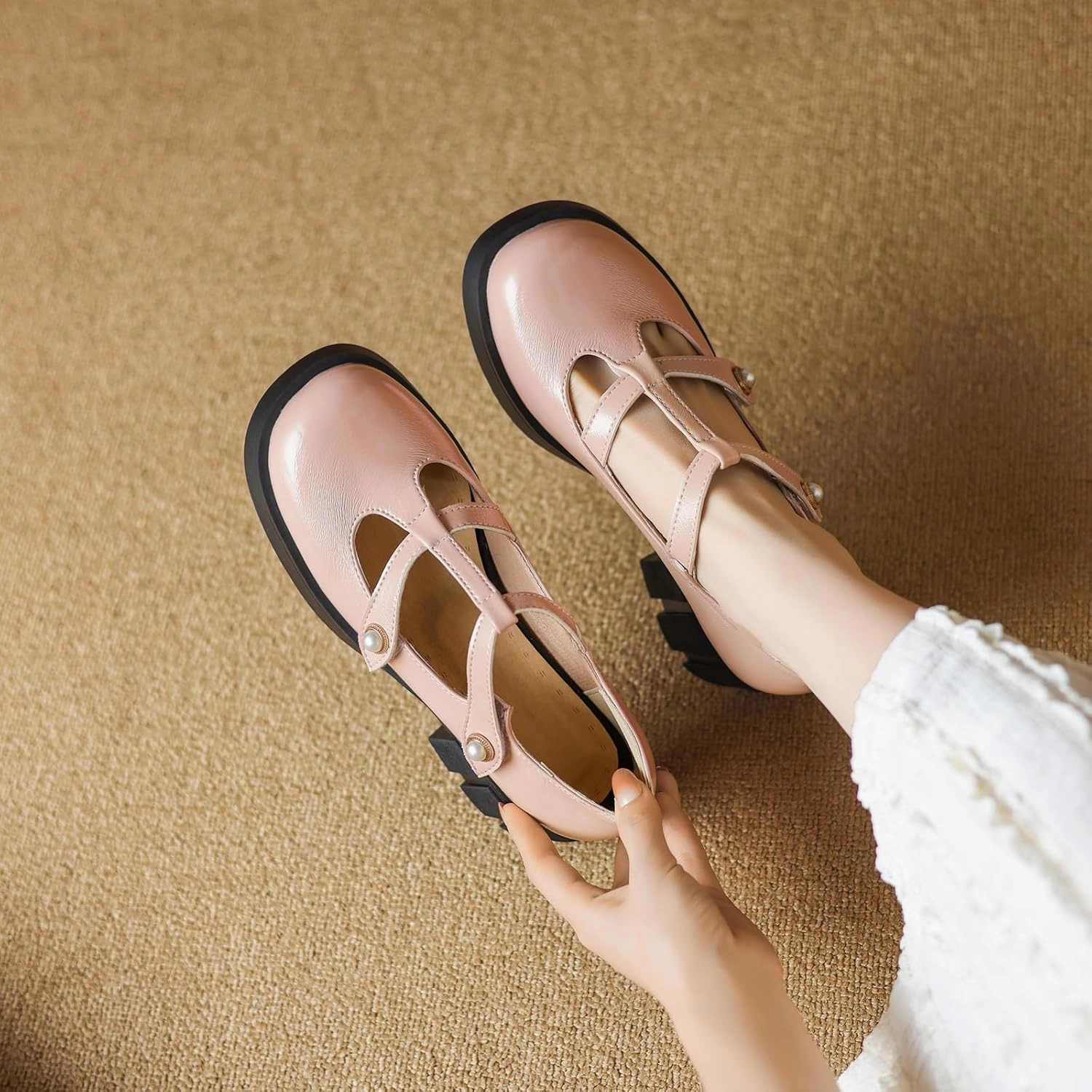 Womens T-Straps Mary Jane Shoes Buckle Closure Round Toe Pumps with Block Heel