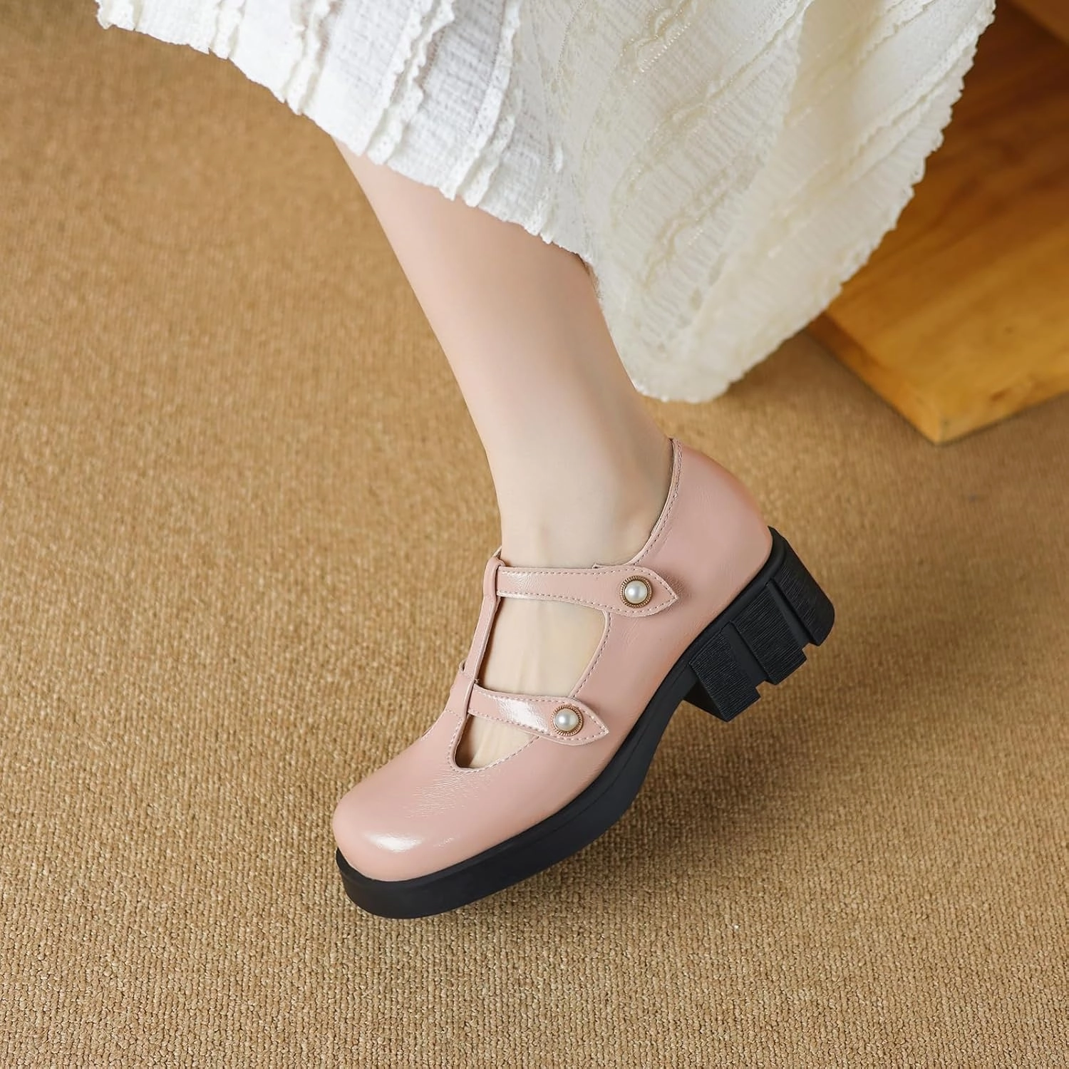 Womens T-Straps Mary Jane Shoes Buckle Closure Round Toe Pumps with Block Heel