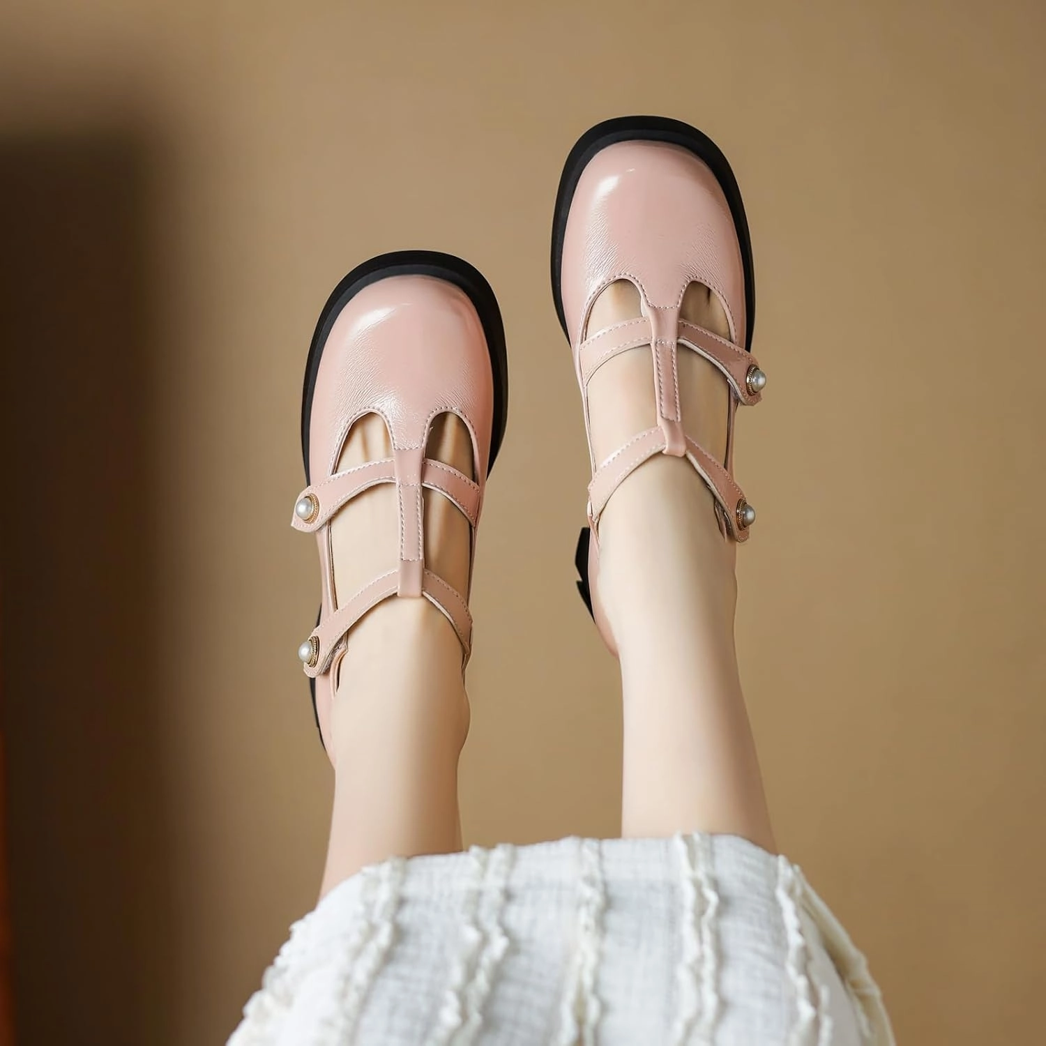 Womens T-Straps Mary Jane Shoes Buckle Closure Round Toe Pumps with Block Heel