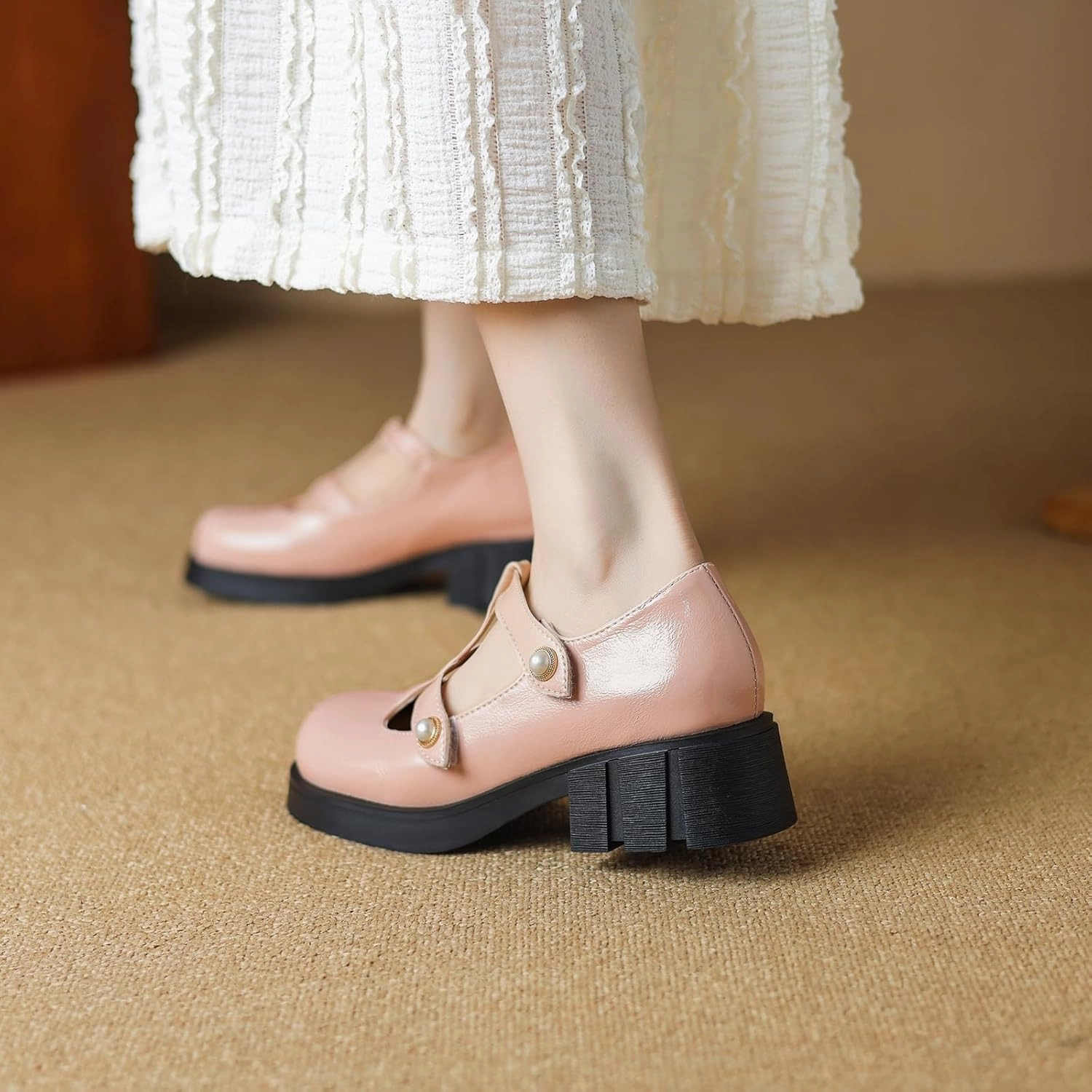 Womens T-Straps Mary Jane Shoes Buckle Closure Round Toe Pumps with Block Heel
