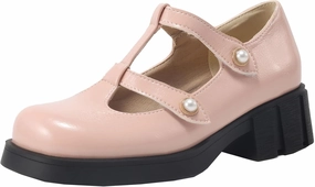 Womens T-Straps Mary Jane Shoes Buckle Closure Round Toe Pumps with Block Heel