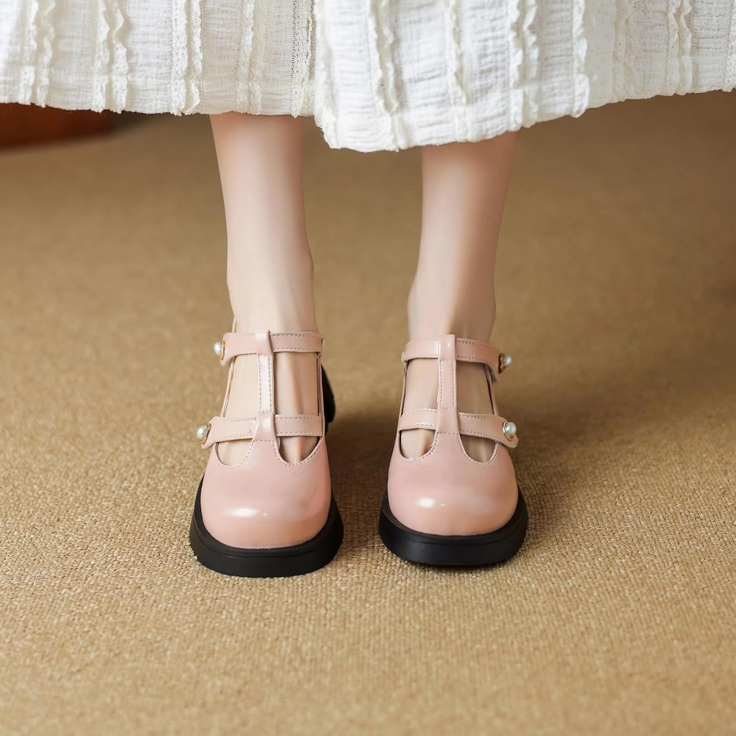 Womens T-Straps Mary Jane Shoes Buckle Closure Round Toe Pumps with Block Heel