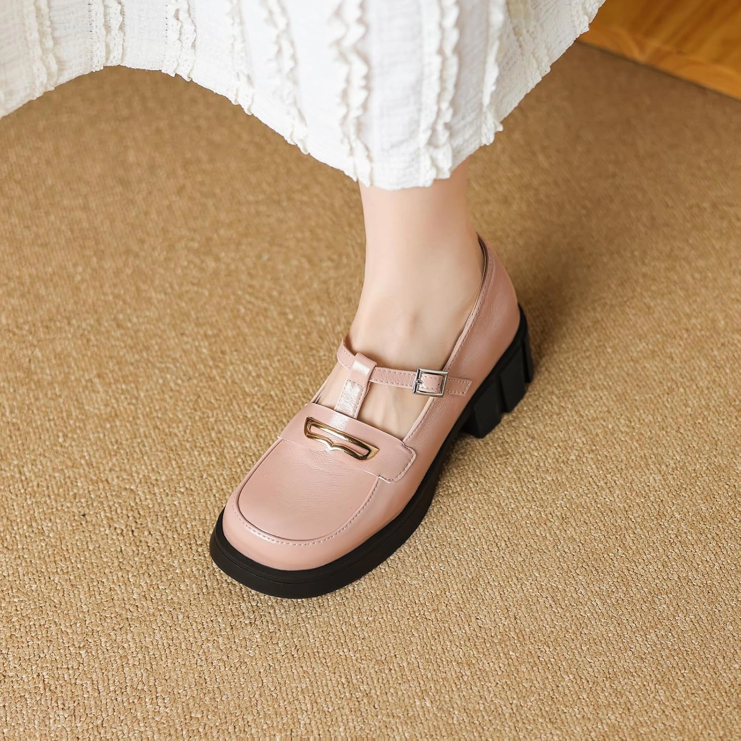Womens T-Straps Mary Jane Shoes Low Block Heel Buckle Closure Pumps Round Toe Solid Color Dress Shoes