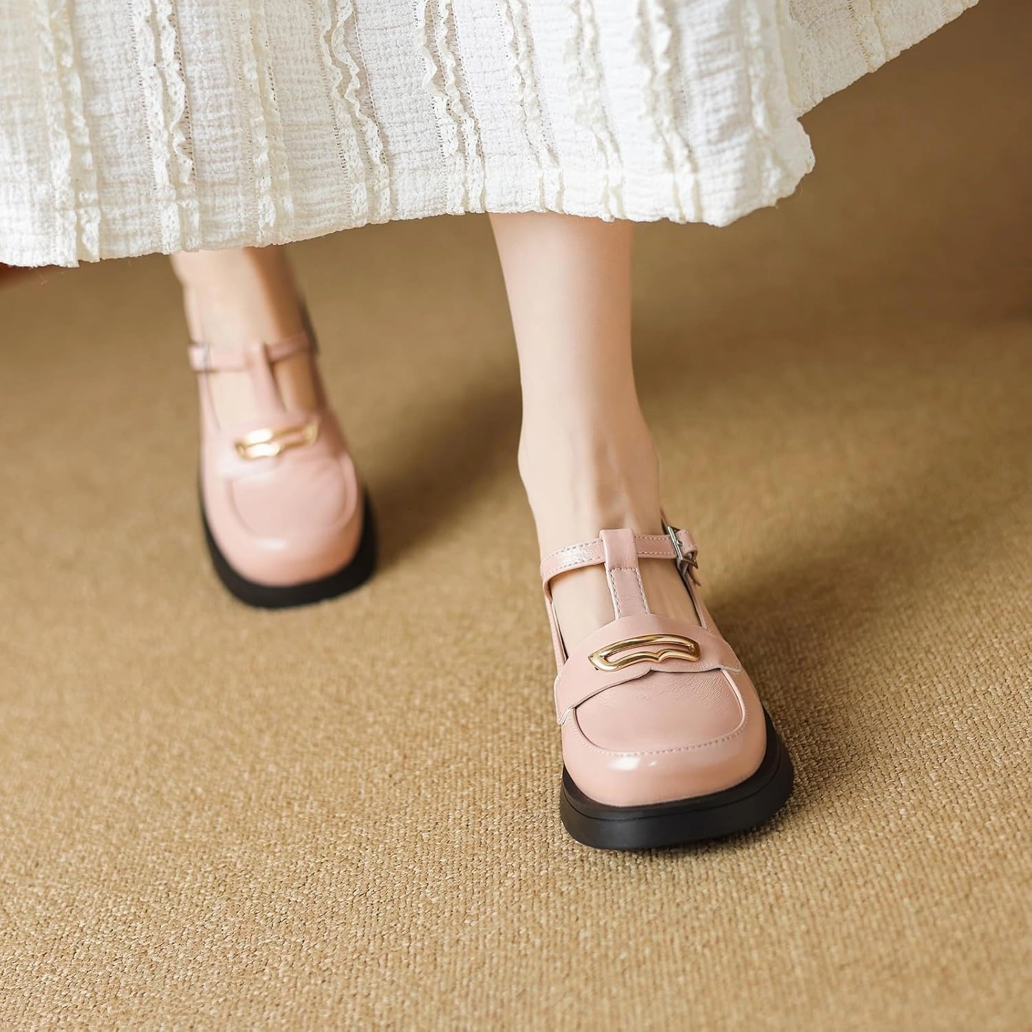 Womens T-Straps Mary Jane Shoes Low Block Heel Buckle Closure Pumps Round Toe Solid Color Dress Shoes