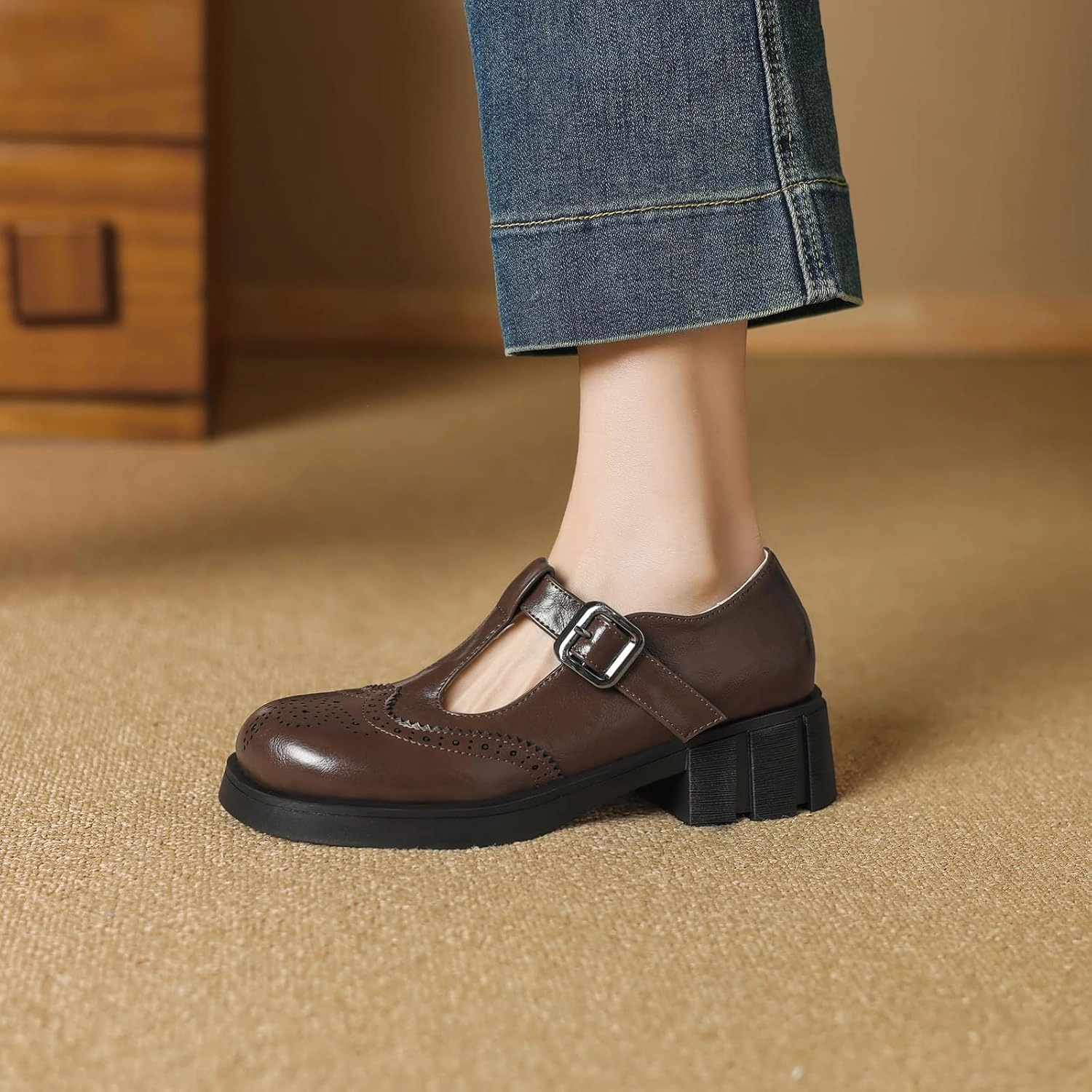 Womens T-Straps Pumps Block Heel Buckle Closure Round Toe Dress Shoes