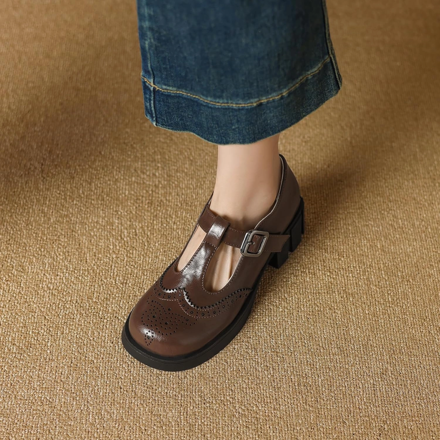 Womens T-Straps Pumps Block Heel Buckle Closure Round Toe Dress Shoes