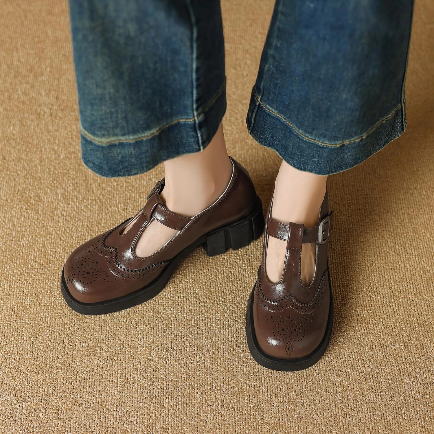 Womens T-Straps Pumps Block Heel Buckle Closure Round Toe Dress Shoes