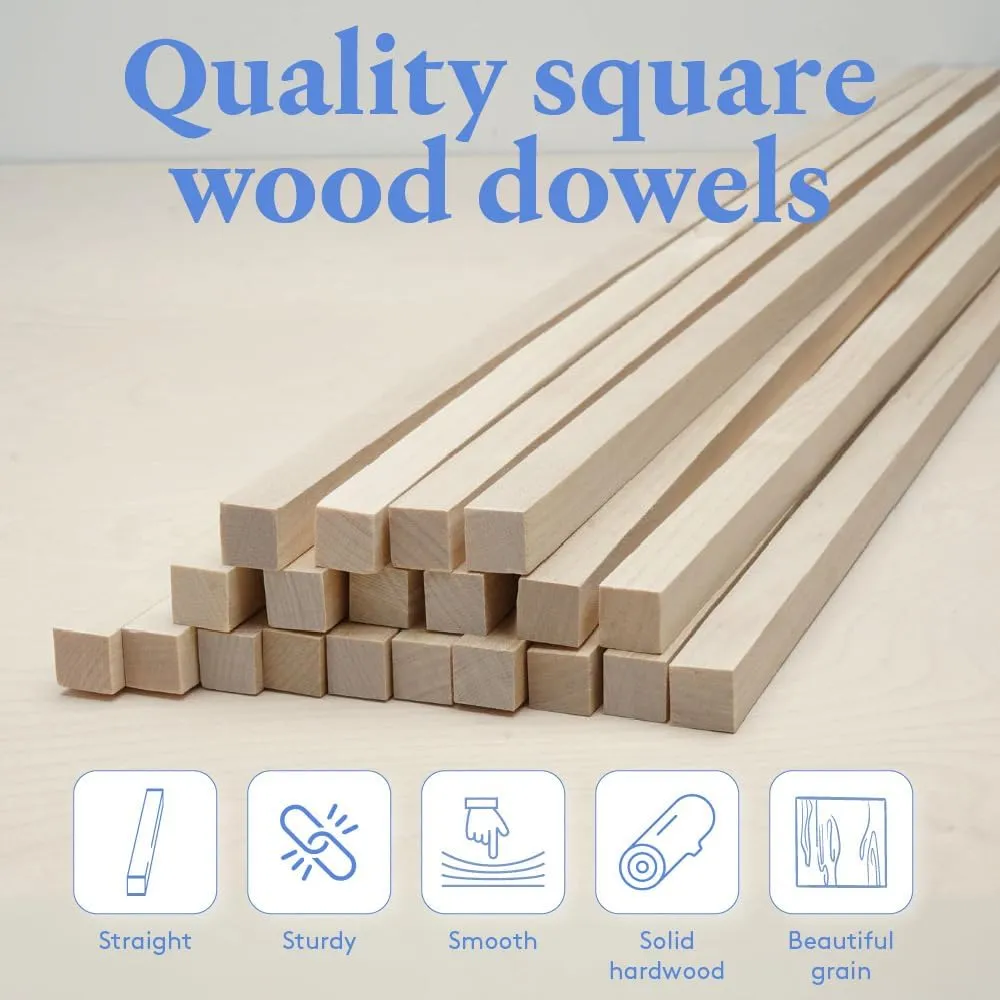 Wood Square Dowel Rods 1/8 inch x 12 Pack of 50 Wooden Craft Sticks for Crafts and Woodworking by Woodpeckers